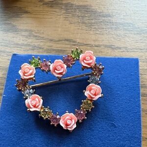 Avon Heart Brooch with Pink and Green Roses